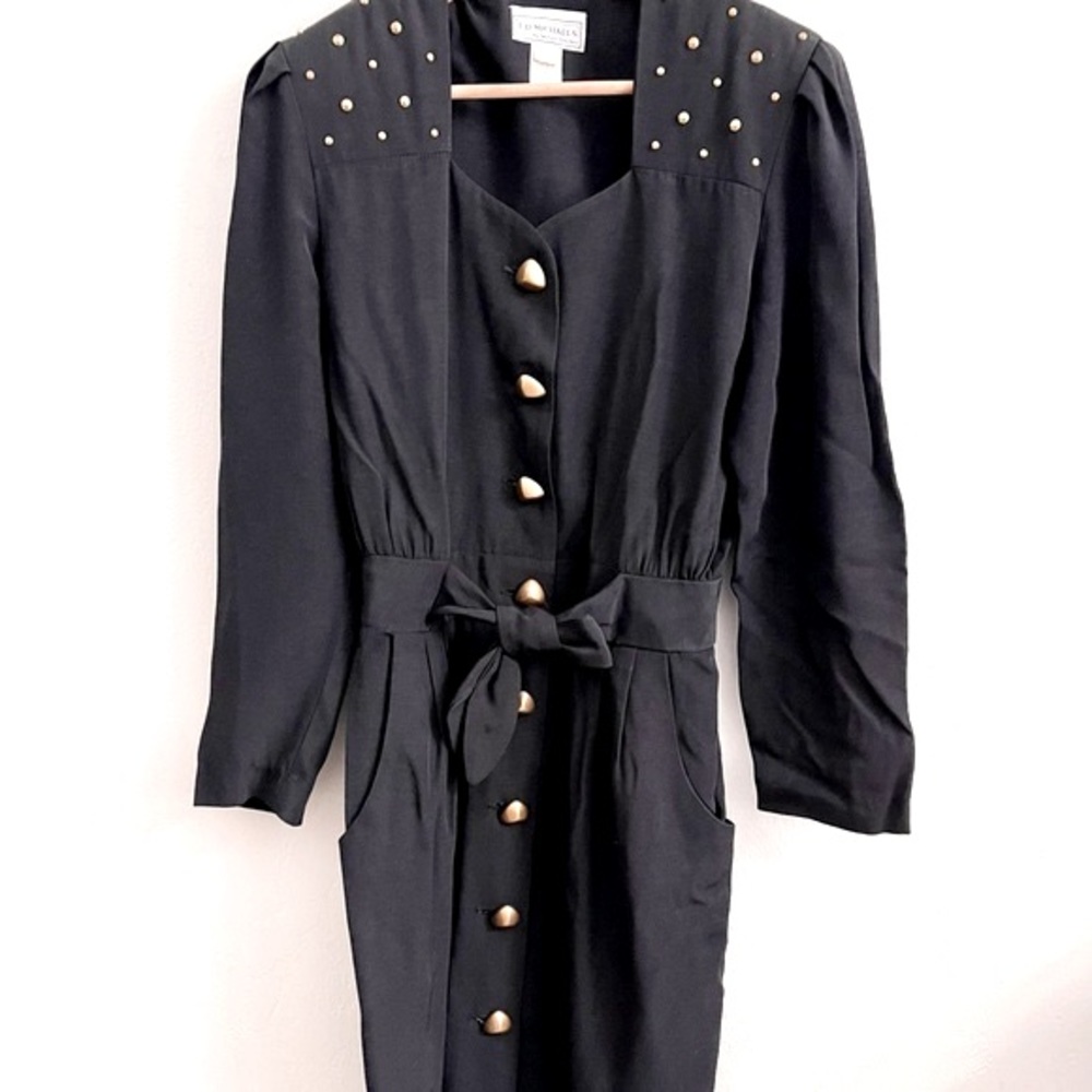 Vintage Studded Gold Buttons Long Sleeves 80s 90s Black Mini Long Sleeve Dress